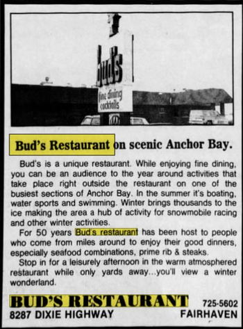 Bobby Macs Bayside Tavern & Grill (Buds Restaurant) - Feb 1994 Ad For Buds